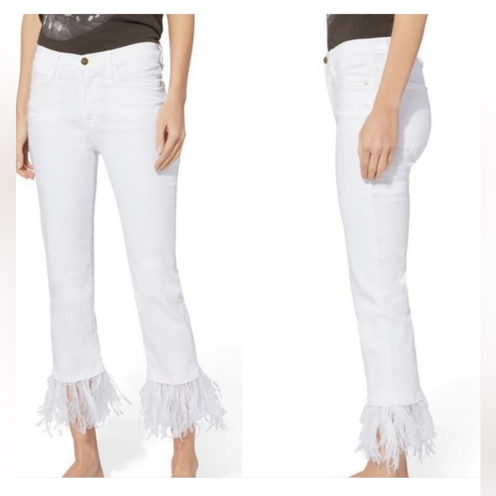 Frame Le High Straight Cropped White Jeans with Feathers